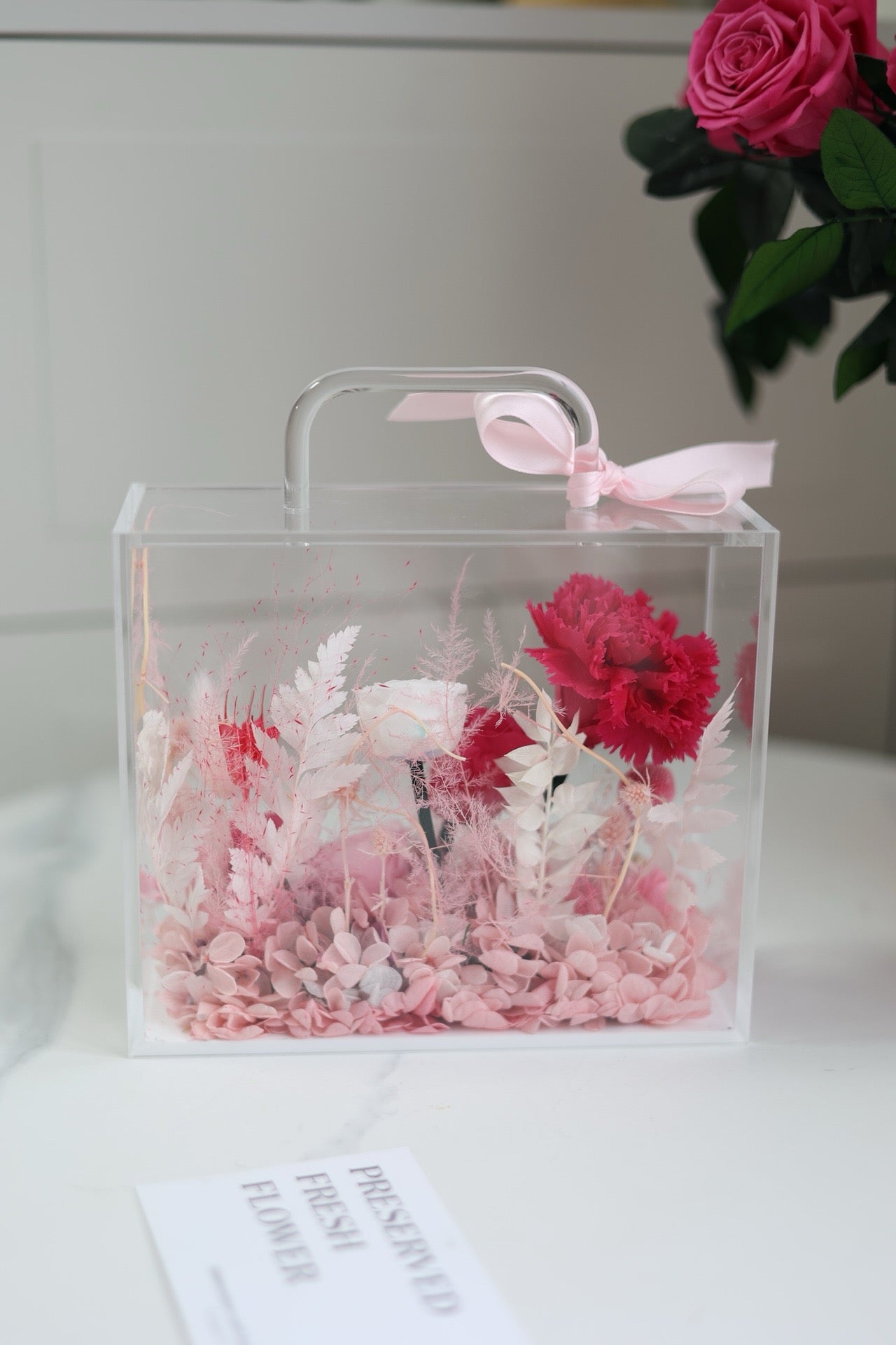 Preserved Carnation Flower Acrylic Handbag Arrangement | Mother’s Day Gift | Gift for Mum