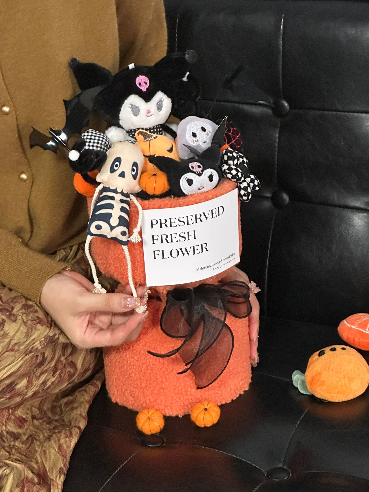 Halloween Preserved Flower Arrangement | Kuromi & Skeleton Plush Halloween Bouquet | Cute Spooky Gift