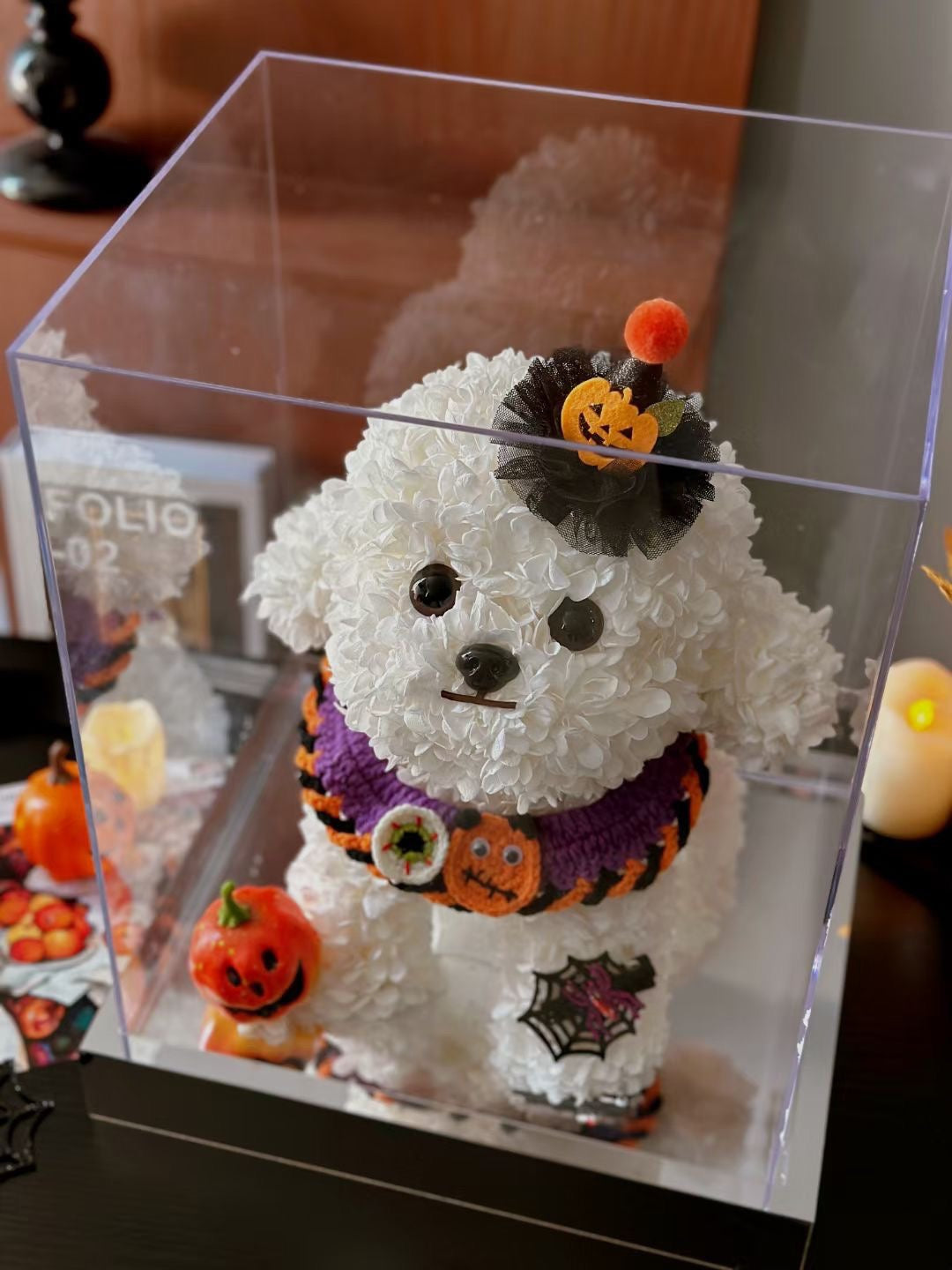 Halloween Limited Preserved Flower Dog | Large Dog Halloween Display | Trick or Treat Themed Floral Art