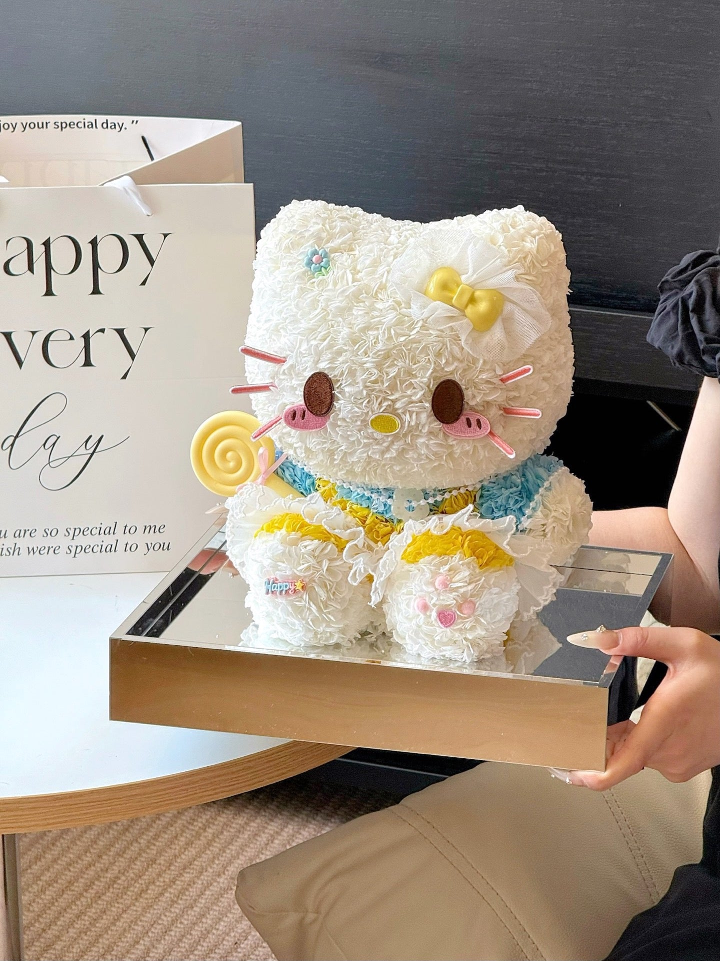 Seated Blue Hello Kitty Preserved Flower Doll | Handmade Forever Flower Art