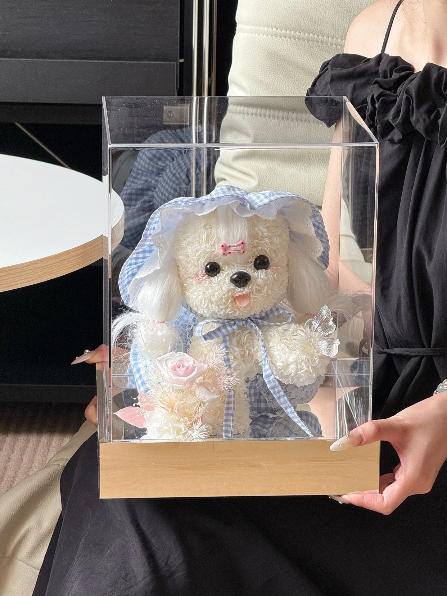 Blue Gingham Rose Puppy | Handmade Preserved Flower Puppy