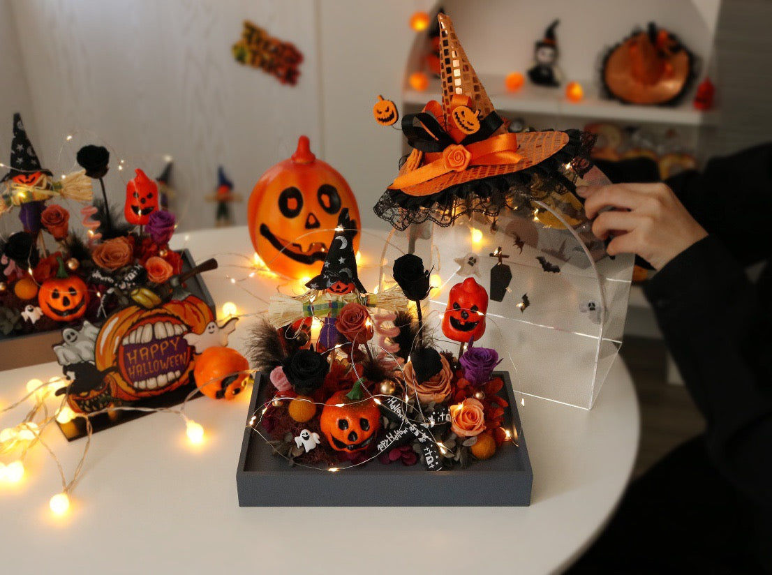 Halloween Preserved Flower Arrangement | Sweet Little Devil Theme | Witch Hat Dome Display | Spooky Centerpiece