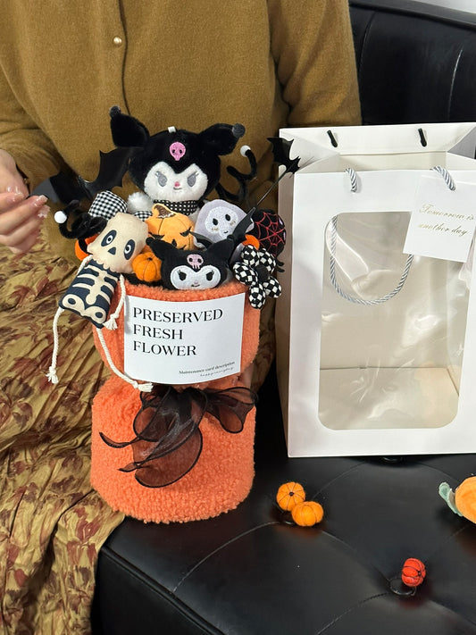 Halloween Preserved Flower Arrangement | Kuromi & Skeleton Plush Halloween Bouquet | Cute Spooky Gift