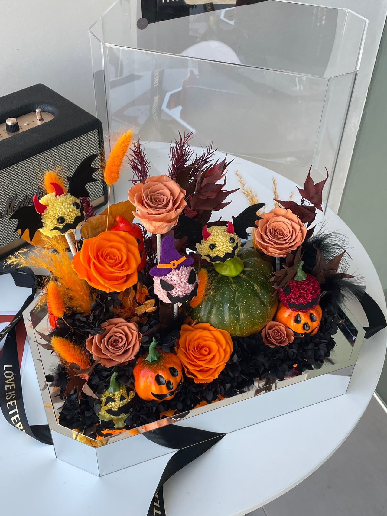 Halloween Preserved Flower Arrangement | Pumpkin & Bat Decorative Floral Box | Large Halloween Centerpiece