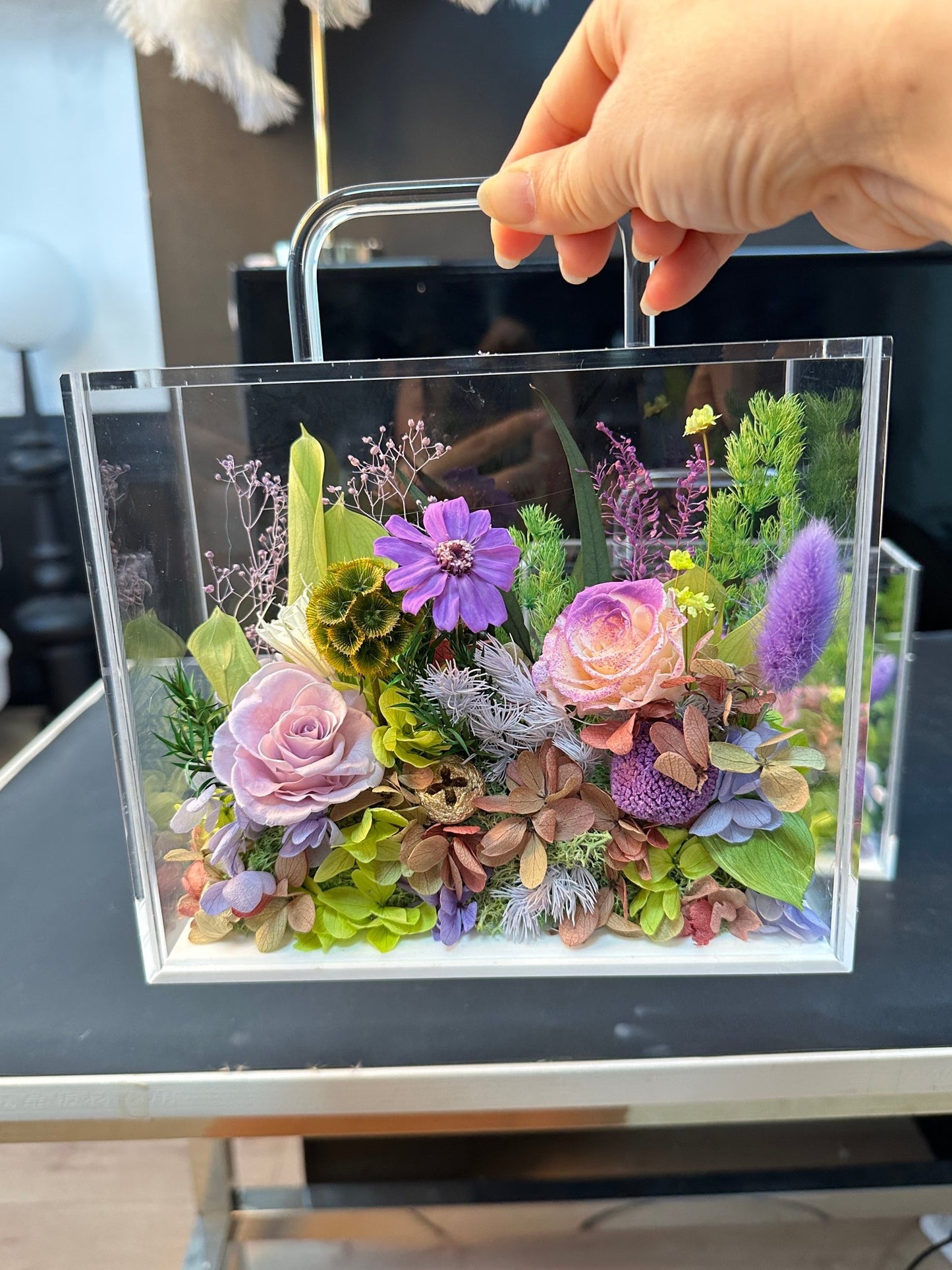 Preserved Carnation Flower Acrylic Handbag Arrangement | Mother’s Day Gift | Gift for Mum