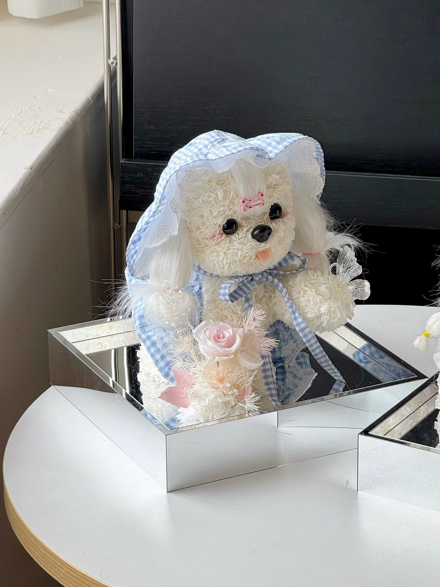 Blue Gingham Rose Puppy | Handmade Preserved Flower Puppy