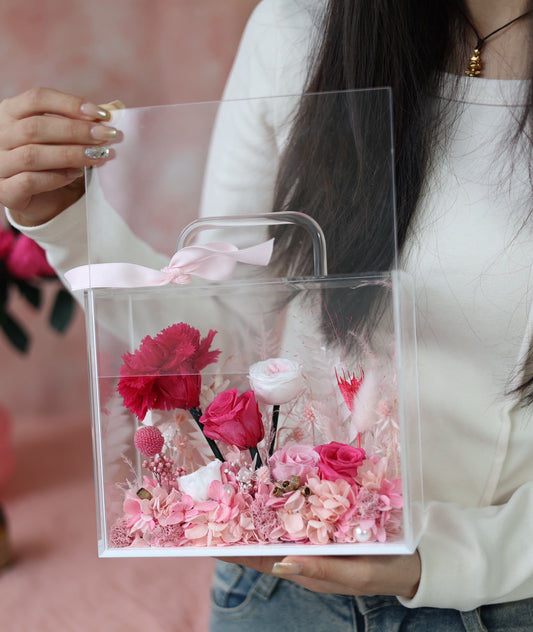 Preserved Carnation Flower Acrylic Handbag Arrangement | Mother’s Day Gift | Gift for Mum