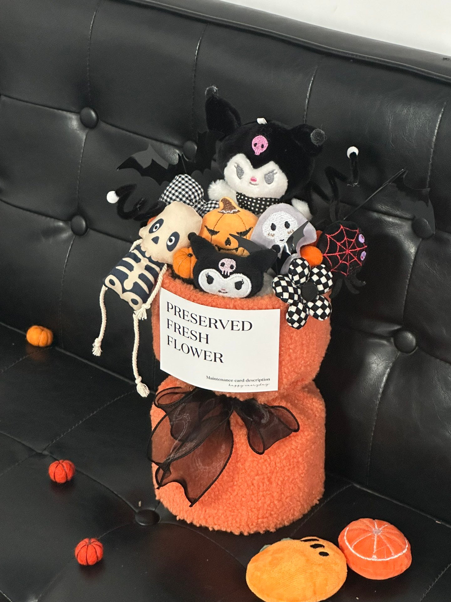 Halloween Preserved Flower Arrangement | Kuromi & Skeleton Plush Halloween Bouquet | Cute Spooky Gift