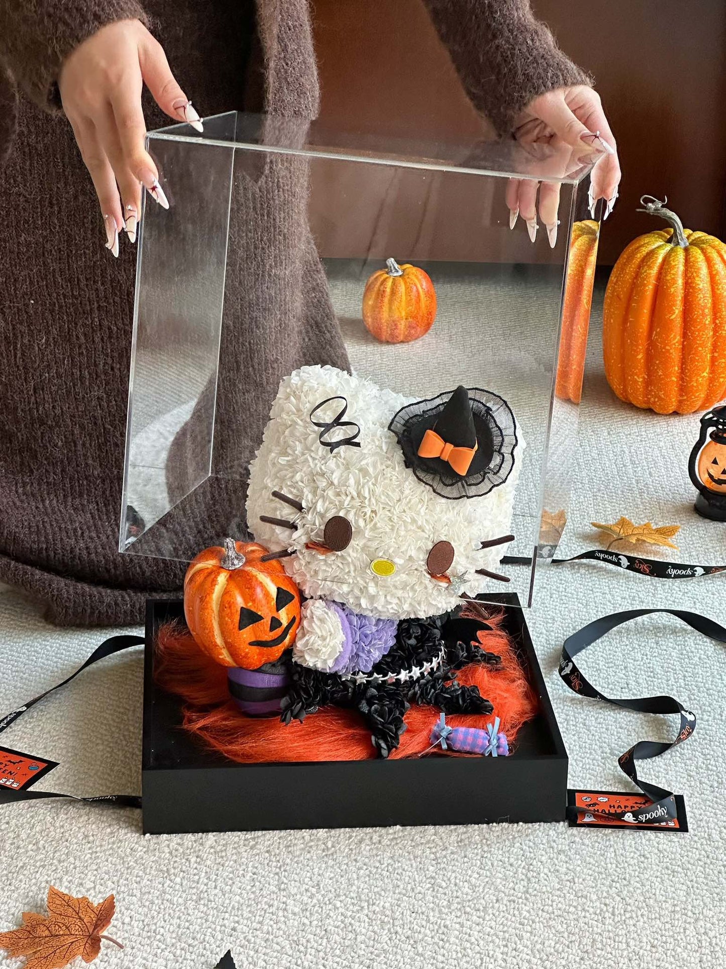 Halloween Preserved Flower Kitty | Pumpkin Theme Kitty Arrangement | Limited Edition Halloween Display