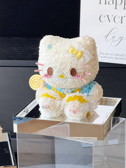 Seated Blue Hello Kitty Preserved Flower Doll | Handmade Forever Flower Art