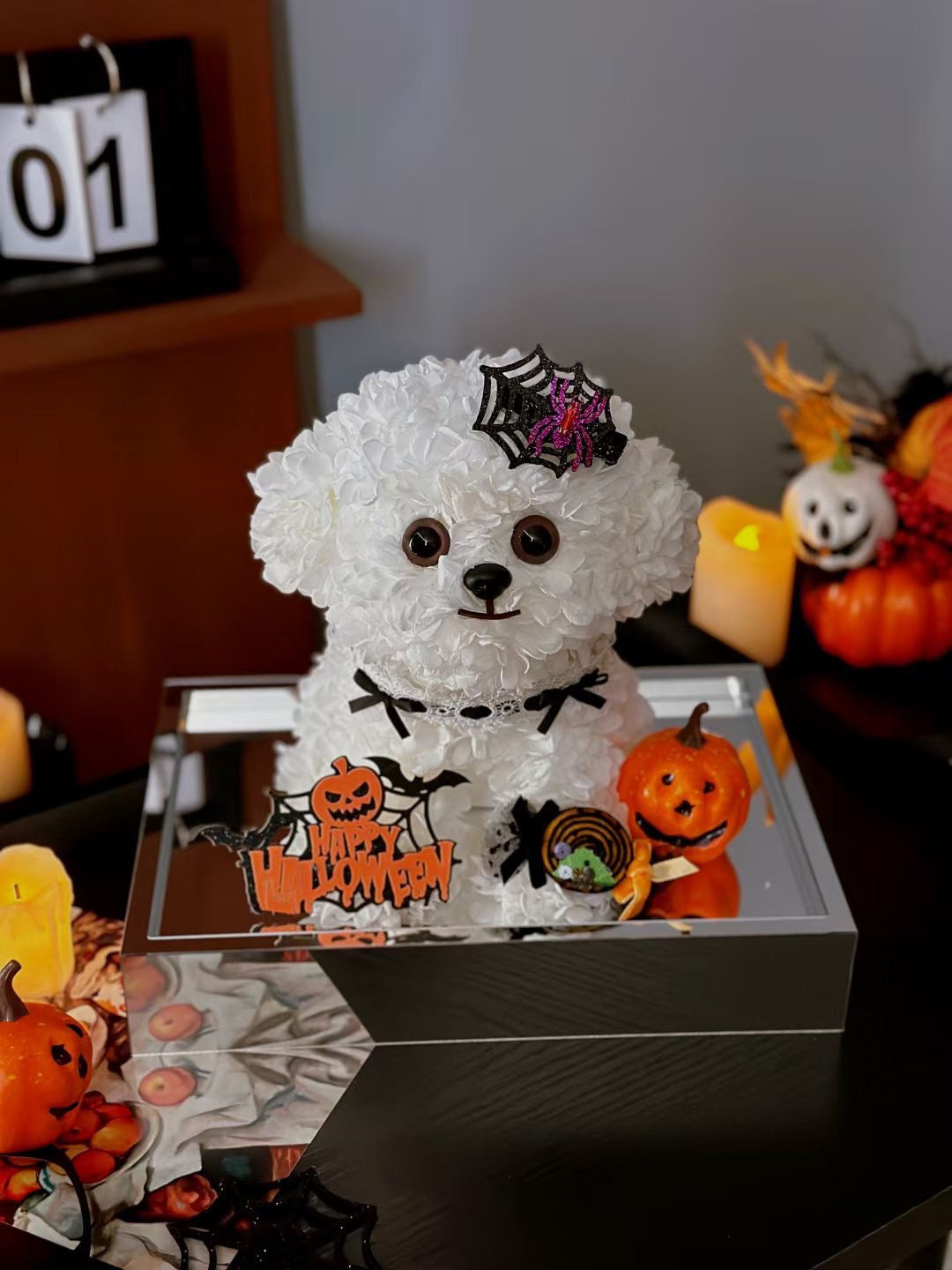 Halloween Limited Preserved Flower Dog | Medium Dog Halloween Display | Trick or Treat Themed Arrangement