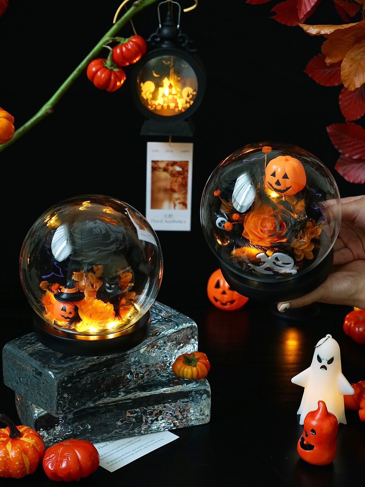 Halloween Preserved Flower Night Light Globe | Pumpkin & Ghost LED Decoration | Trick-or-Treat Gift