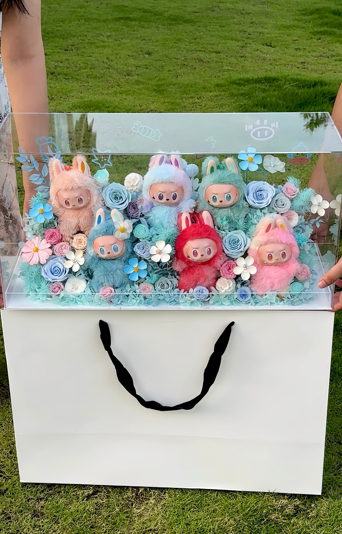 Labubu inspired - Extra Large Preserved Flower Garden with Dolls