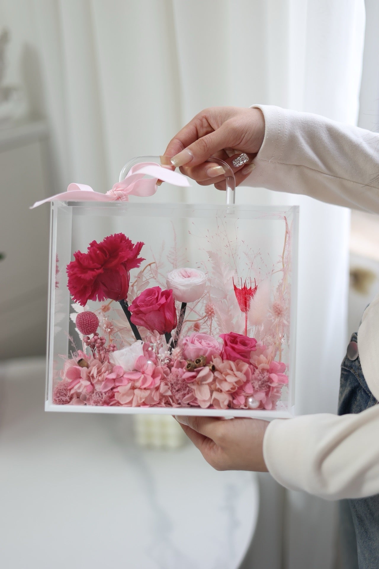 Preserved Carnation Flower Acrylic Handbag Arrangement | Mother’s Day Gift | Gift for Mum