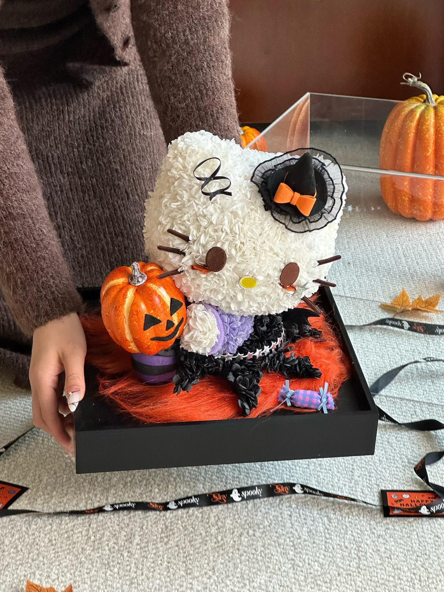 Halloween Preserved Flower Kitty | Pumpkin Theme Kitty Arrangement | Limited Edition Halloween Display