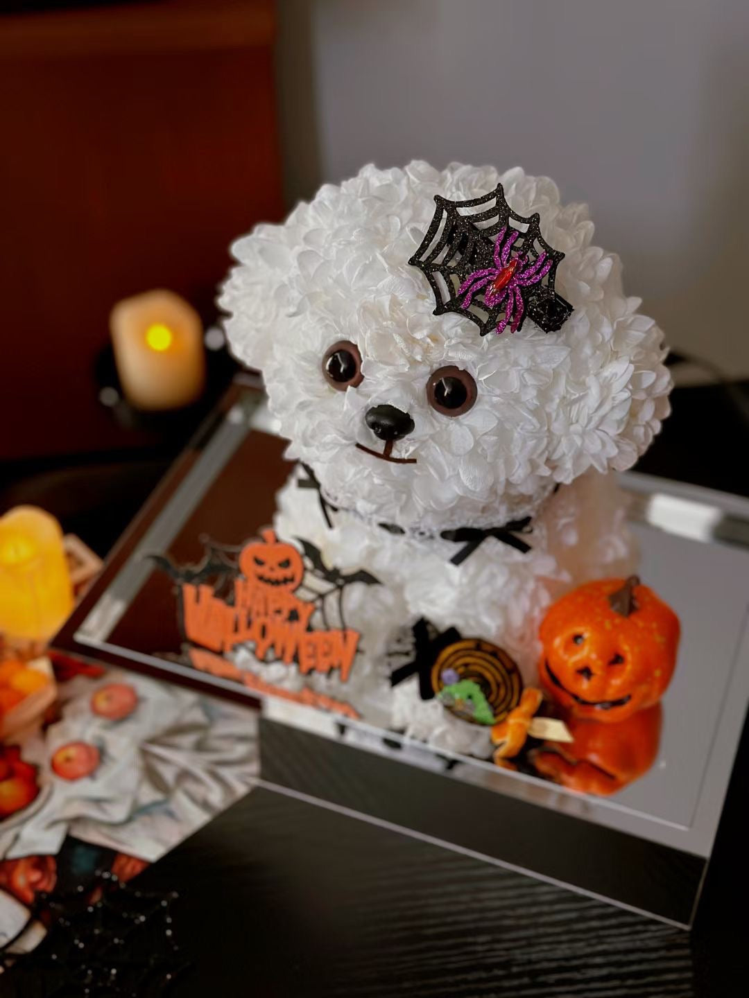 Halloween Limited Preserved Flower Dog | Medium Dog Halloween Display | Trick or Treat Themed Arrangement