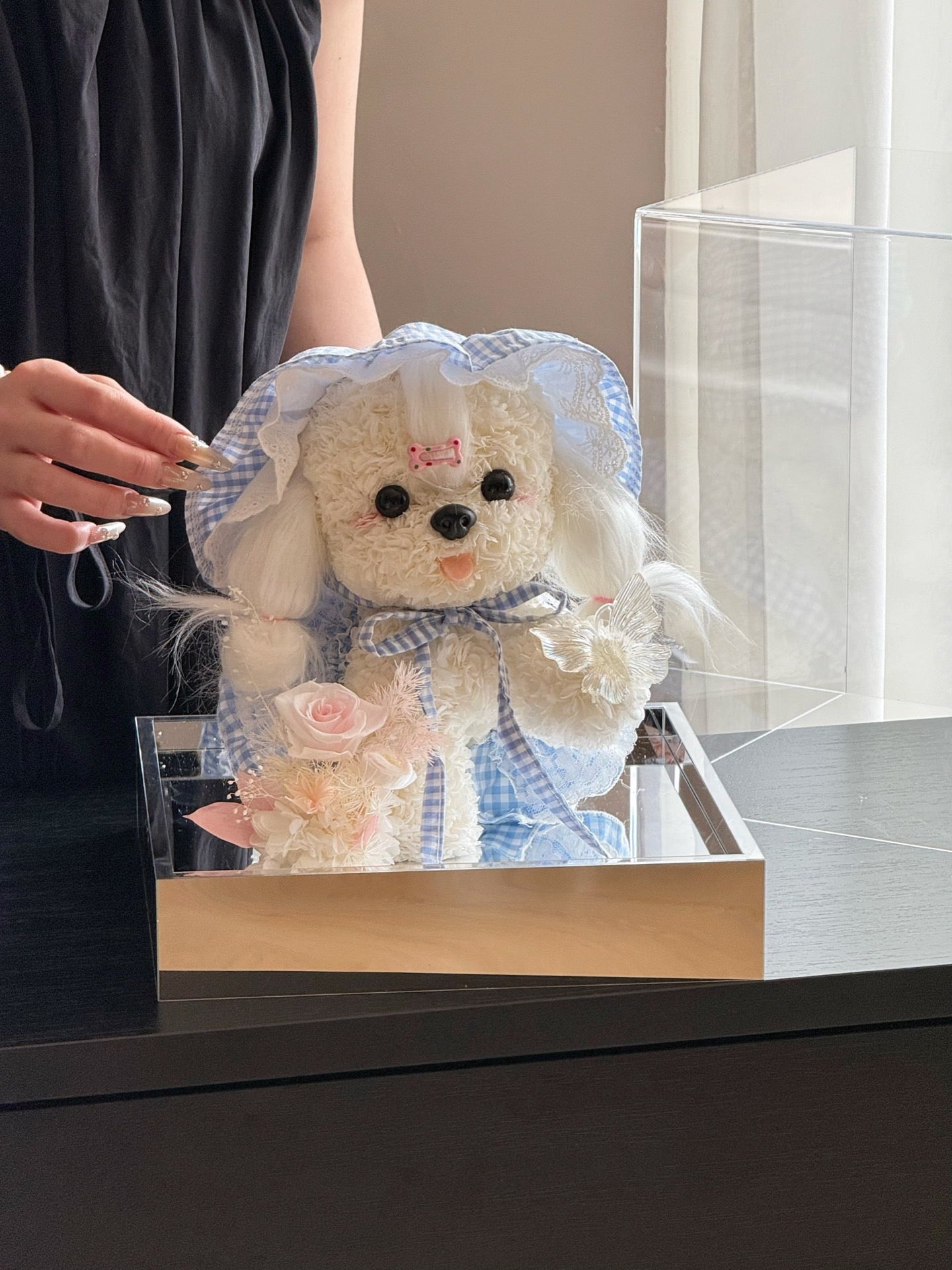 Blue Gingham Rose Puppy | Handmade Preserved Flower Puppy