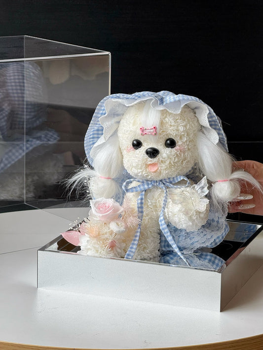 Blue Gingham Rose Puppy | Handmade Preserved Flower Puppy