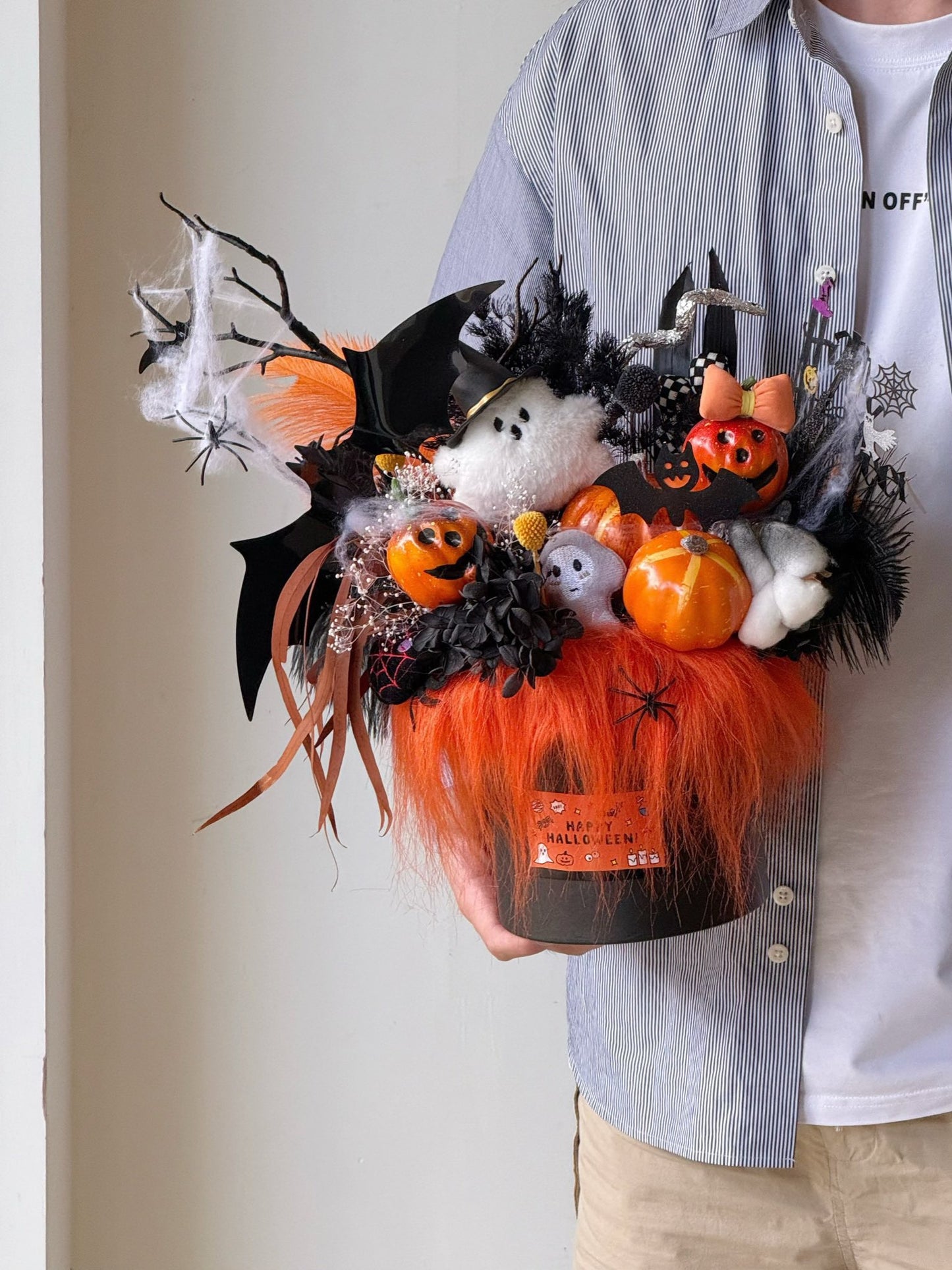 Halloween Pumpkin Hug Bucket | Plush & Preserved Flower Arrangement | Spooky Halloween Centerpiece