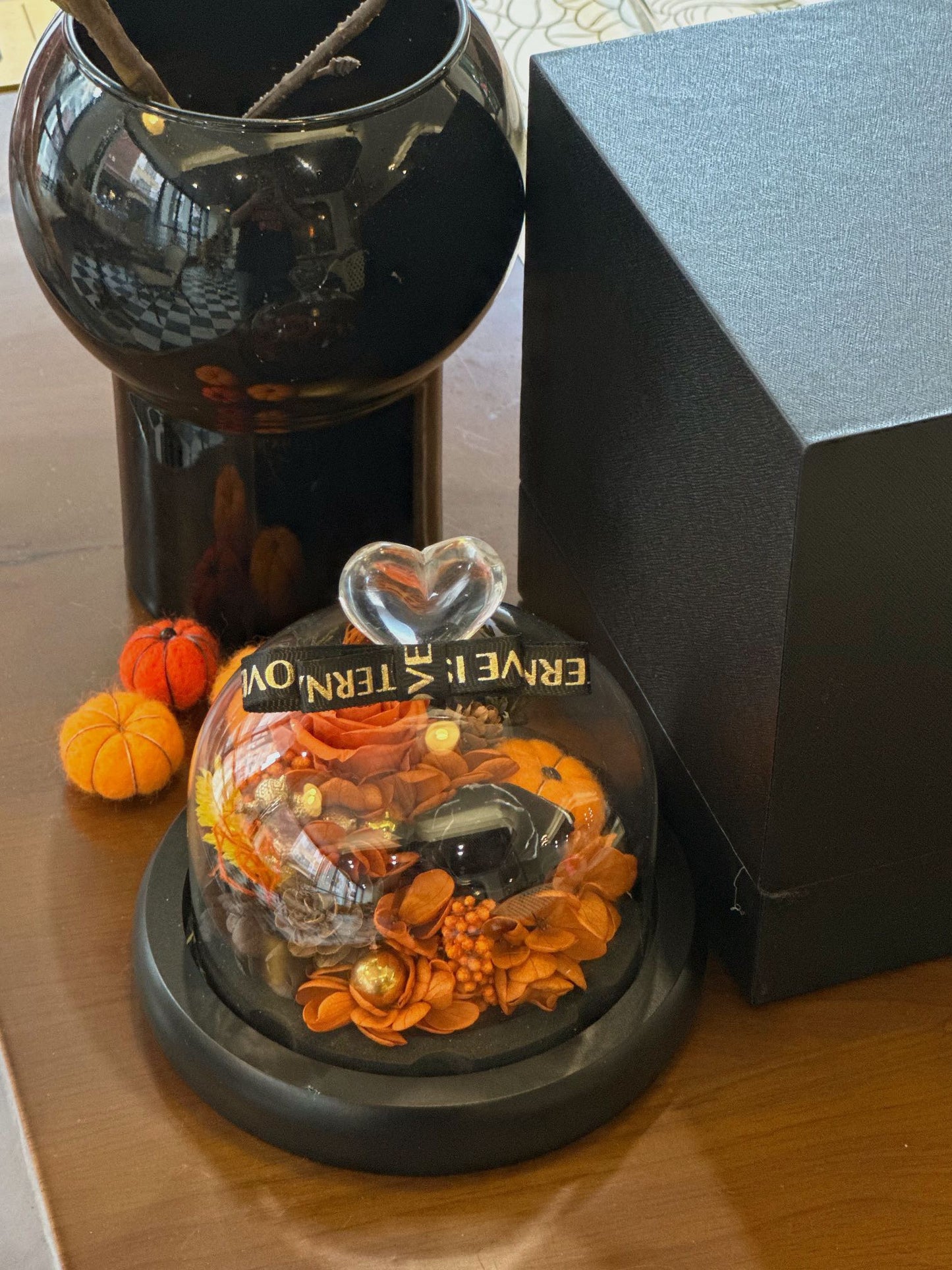 Halloween Preserved Flower Dome | Pumpkin-Themed Glass Cloche LED Night Light | Gift Box Included