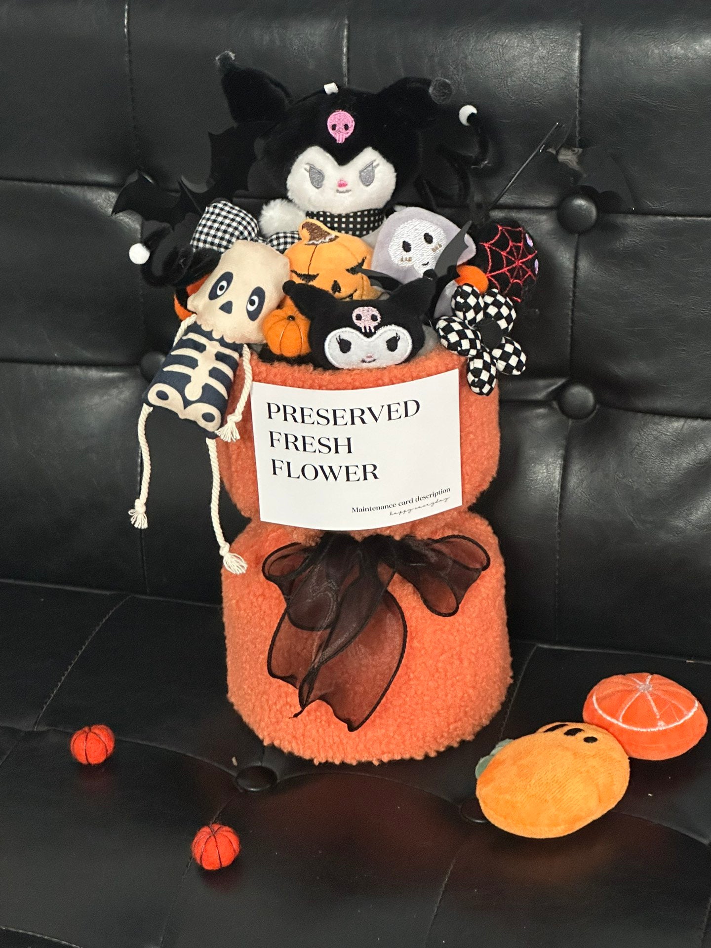 Halloween Preserved Flower Arrangement | Kuromi & Skeleton Plush Halloween Bouquet | Cute Spooky Gift