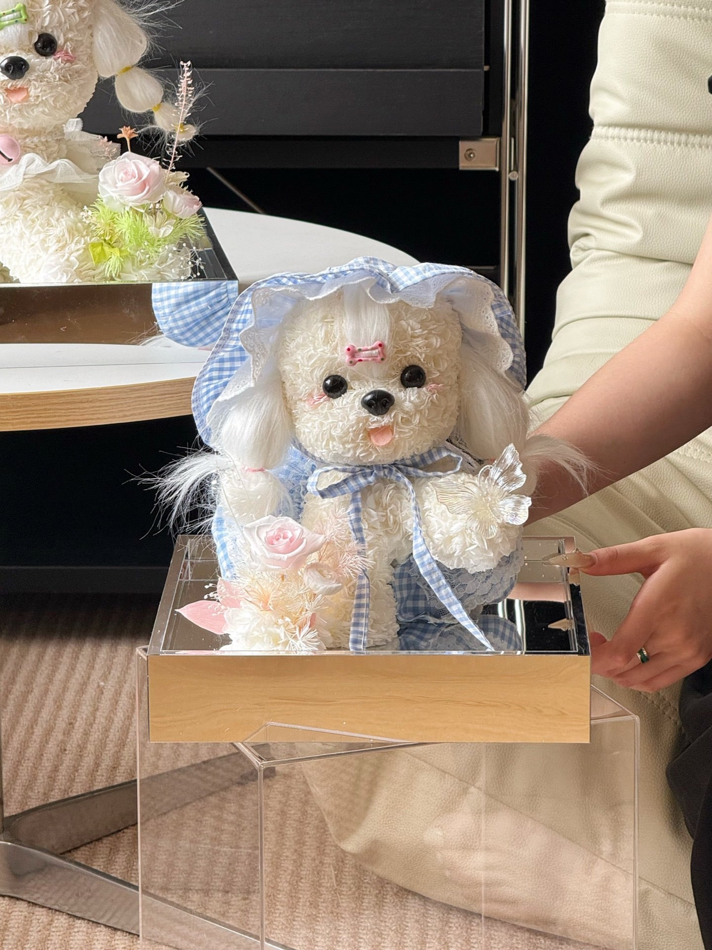 Blue Gingham Rose Puppy | Handmade Preserved Flower Puppy