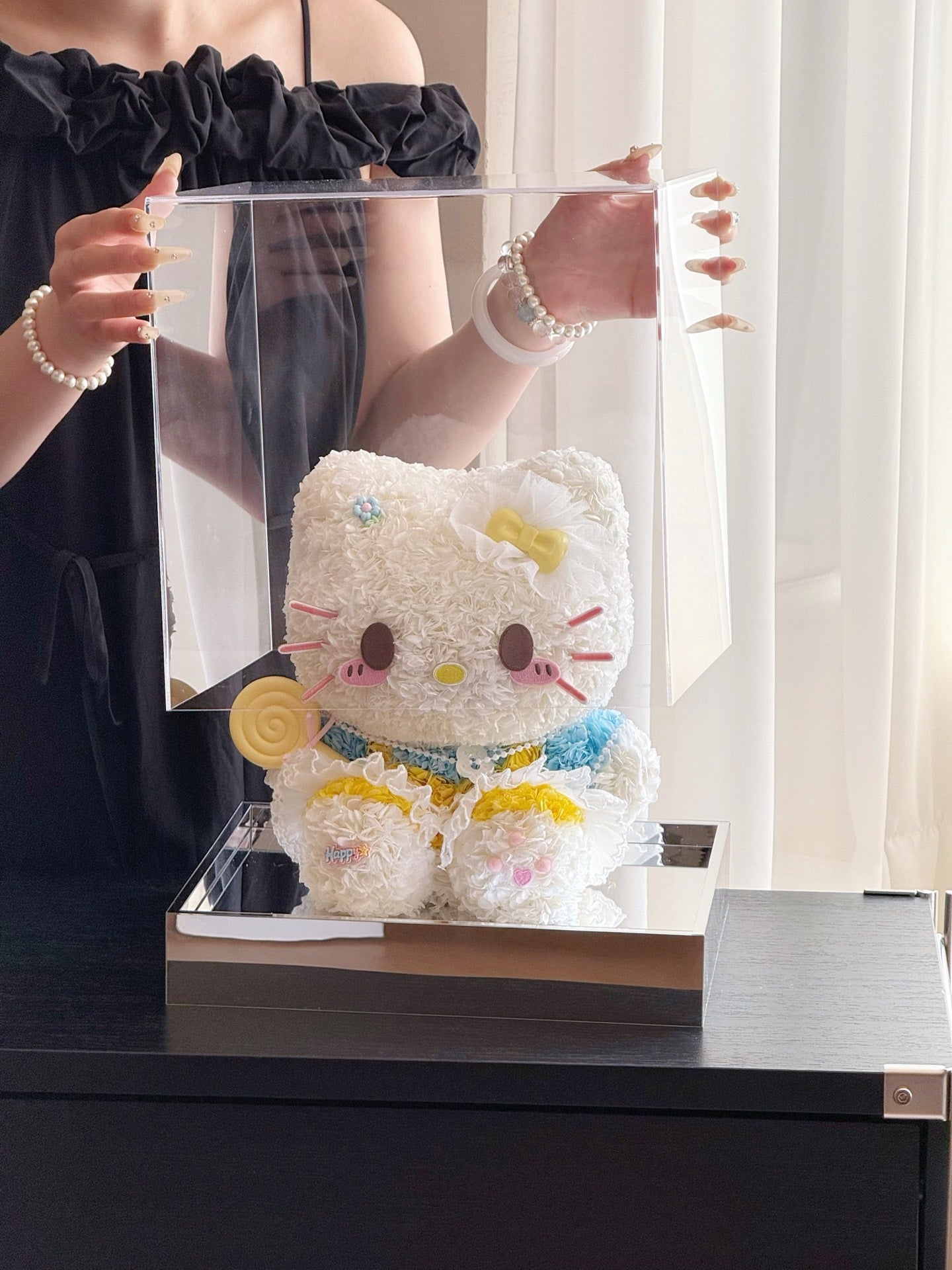 Seated Blue Hello Kitty Preserved Flower Doll | Handmade Forever Flower Art