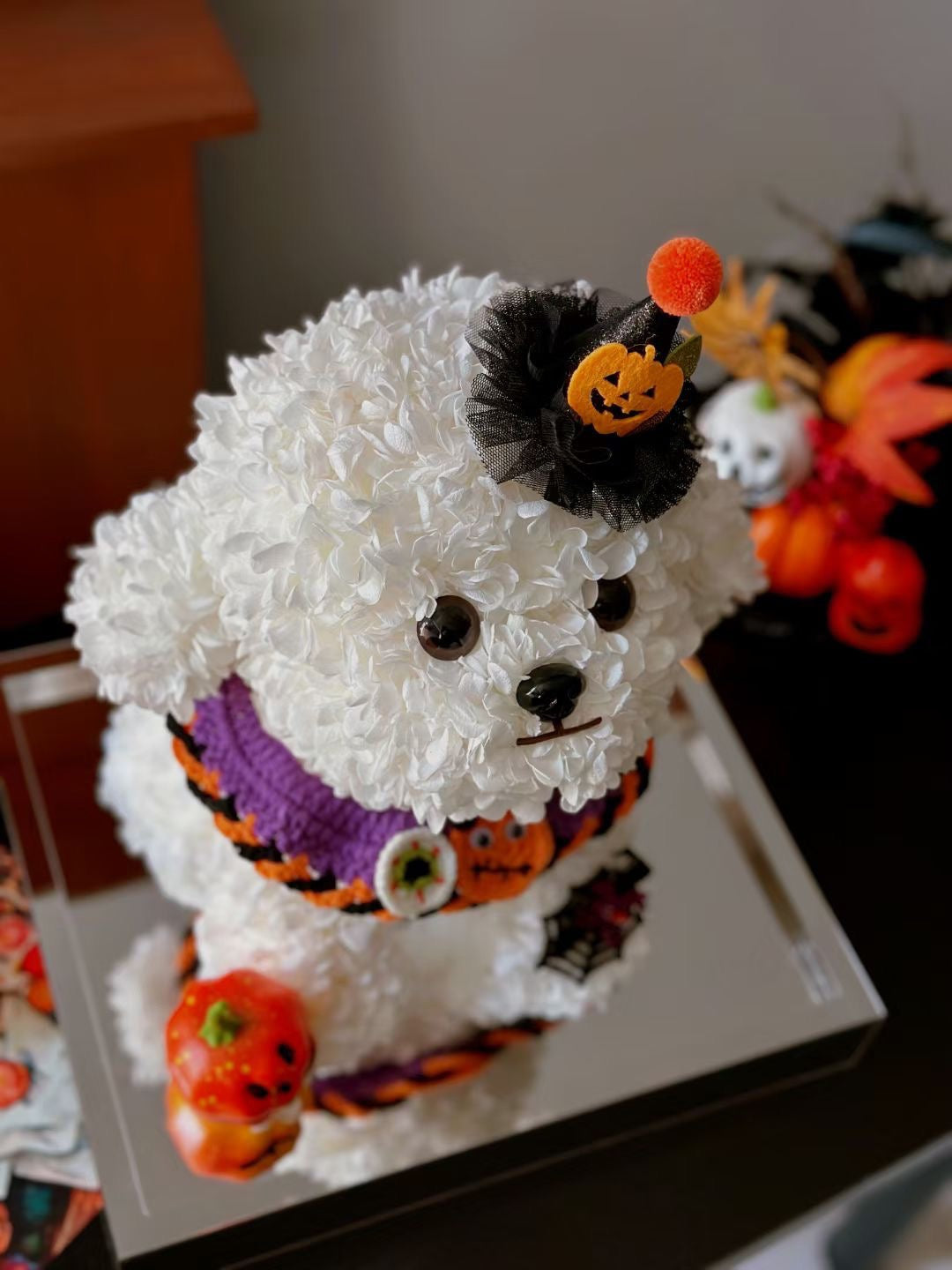 Halloween Limited Preserved Flower Dog | Large Dog Halloween Display | Trick or Treat Themed Floral Art