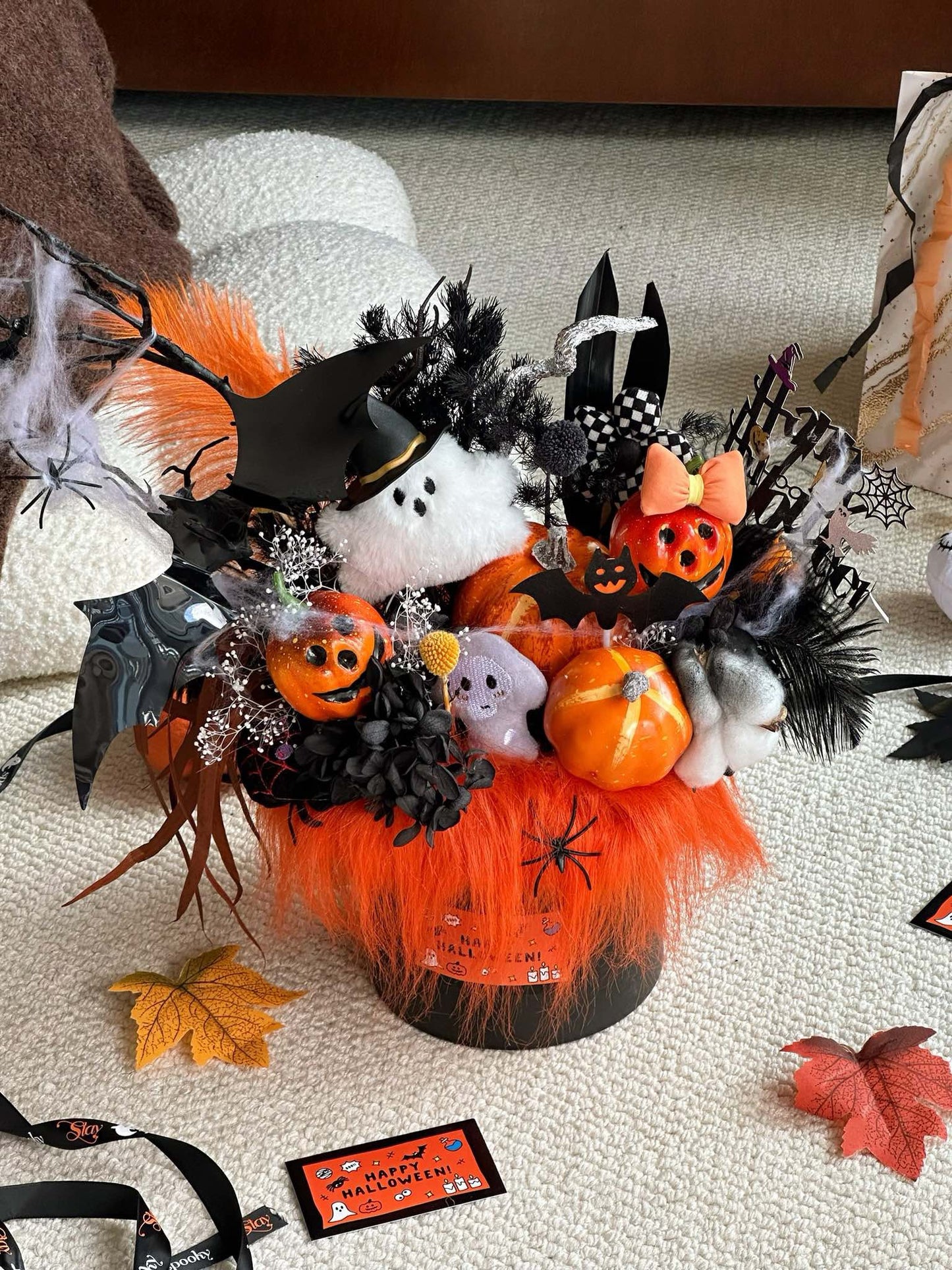 Halloween Pumpkin Hug Bucket | Plush & Preserved Flower Arrangement | Spooky Halloween Centerpiece