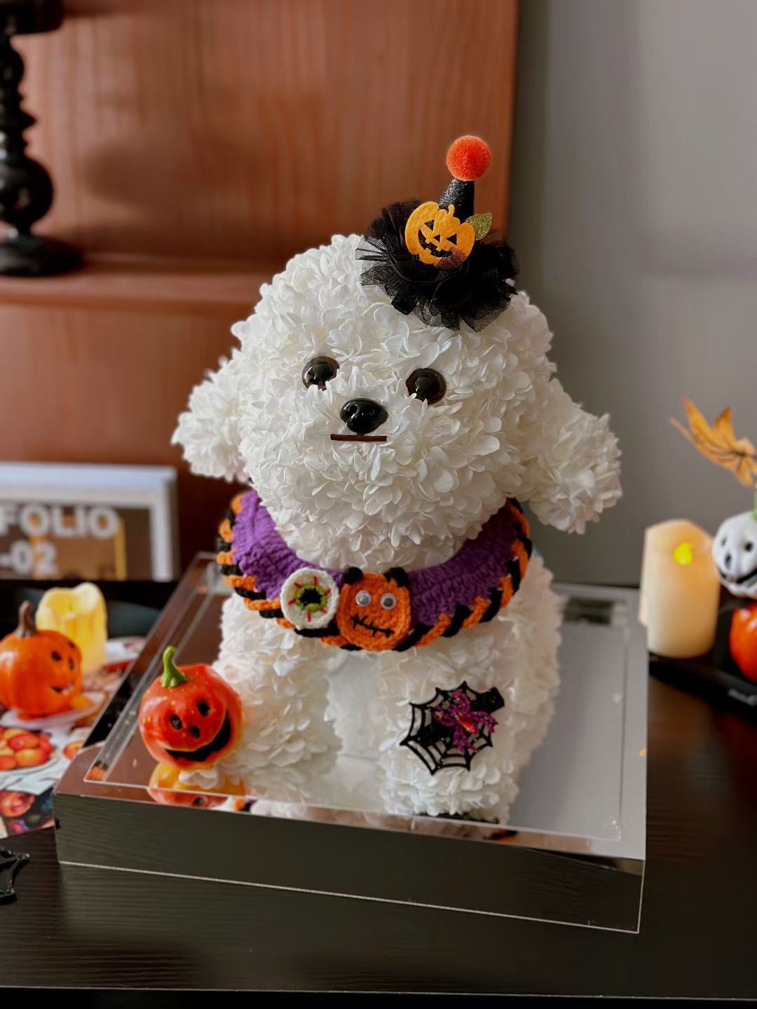 Halloween Limited Preserved Flower Dog | Large Dog Halloween Display | Trick or Treat Themed Floral Art