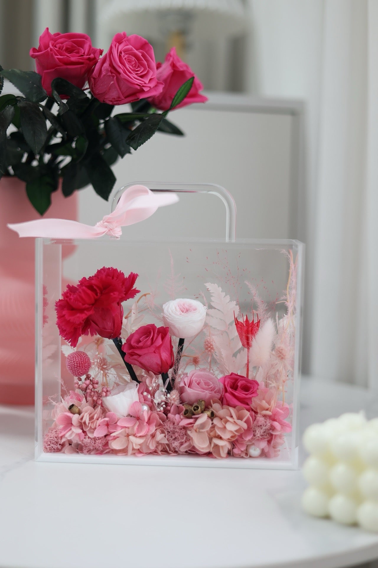 Preserved Carnation Flower Acrylic Handbag Arrangement | Mother’s Day Gift | Gift for Mum