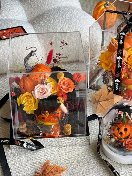 Halloween Pumpkin Preserved Flower Arrangement | Glass Display Box | Festive Autumn Centerpiece