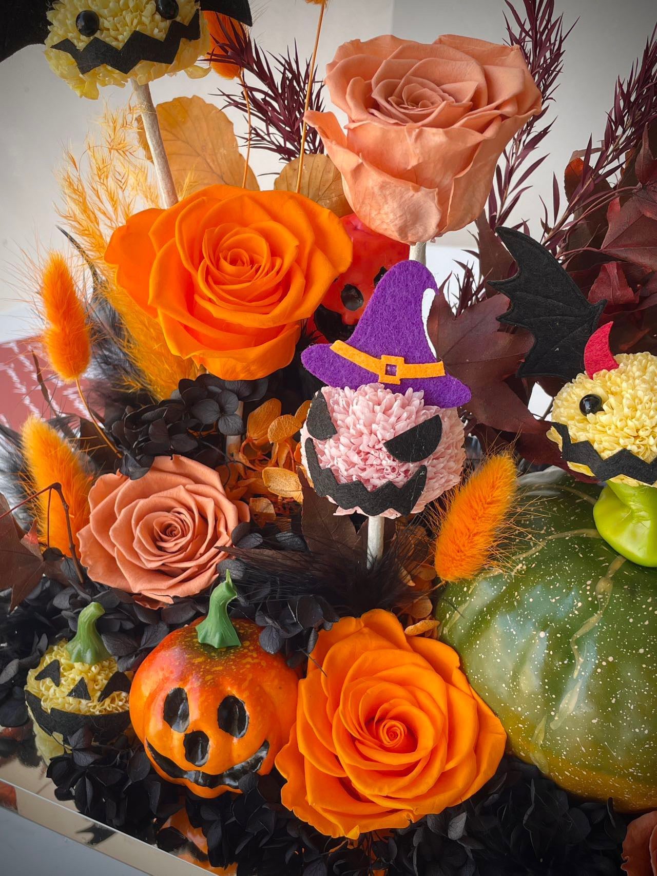 Halloween Preserved Flower Arrangement | Pumpkin & Bat Decorative Floral Box | Large Halloween Centerpiece