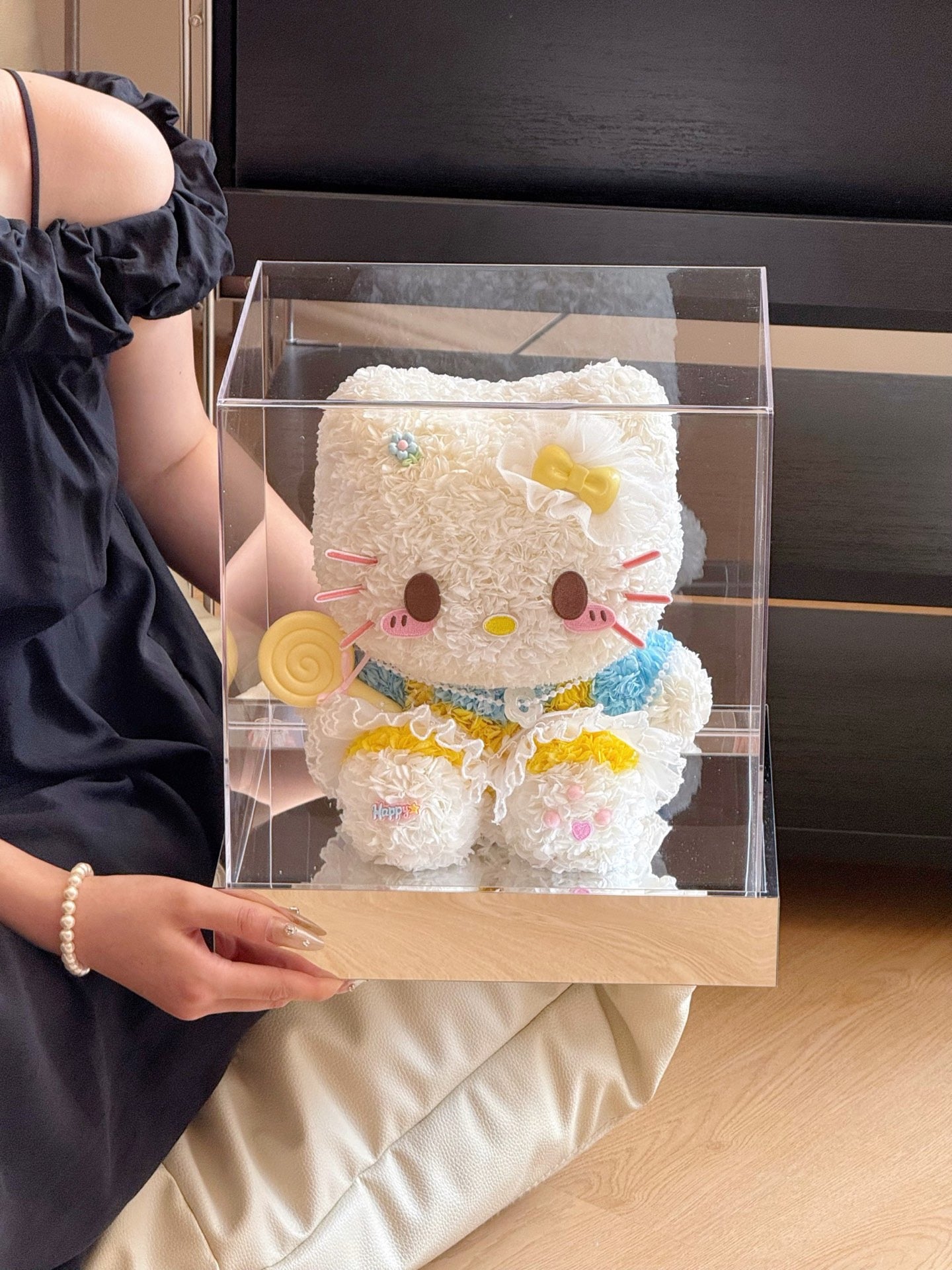 Seated Blue Hello Kitty Preserved Flower Doll | Handmade Forever Flower Art