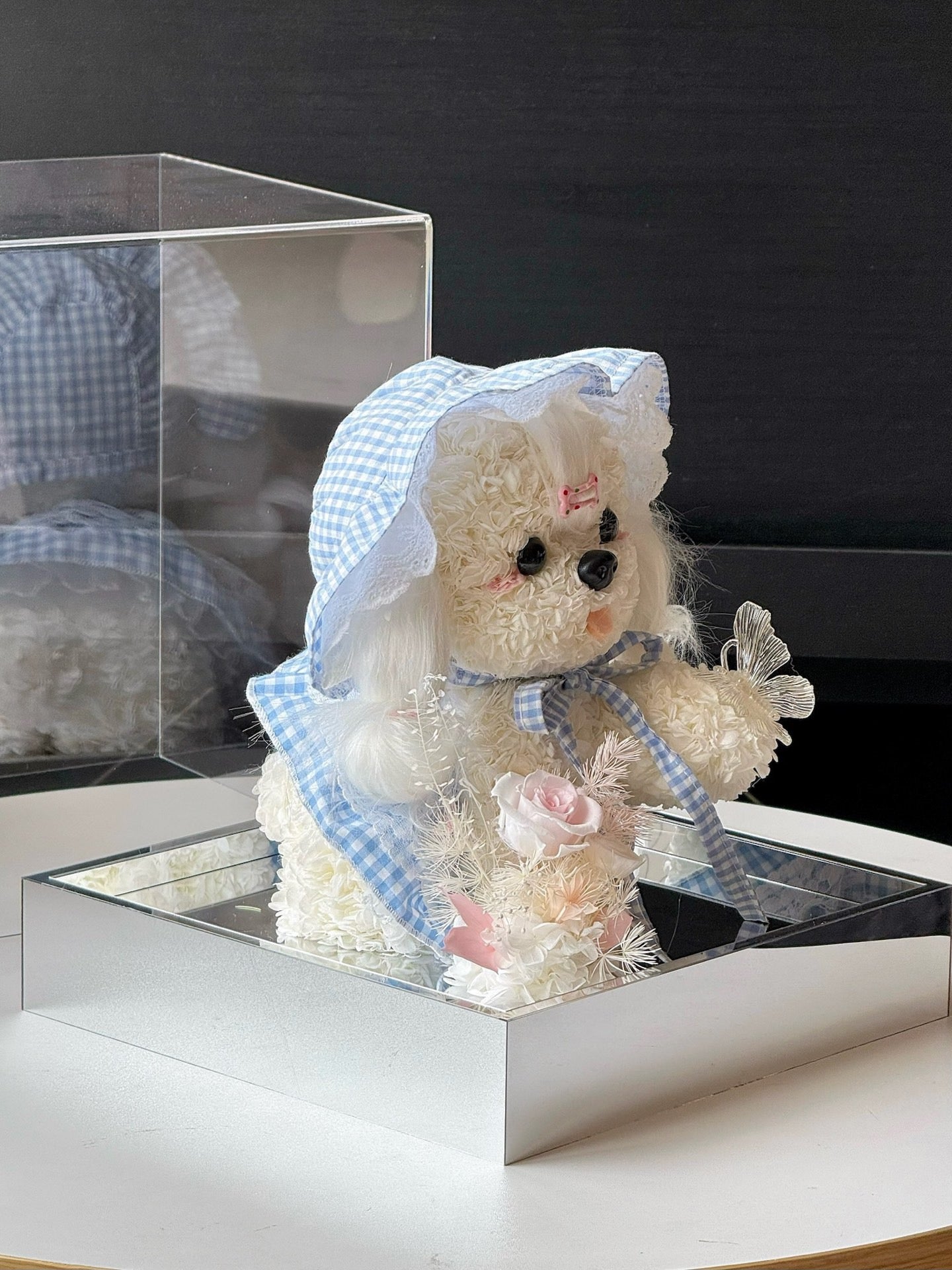 Blue Gingham Rose Puppy | Handmade Preserved Flower Puppy