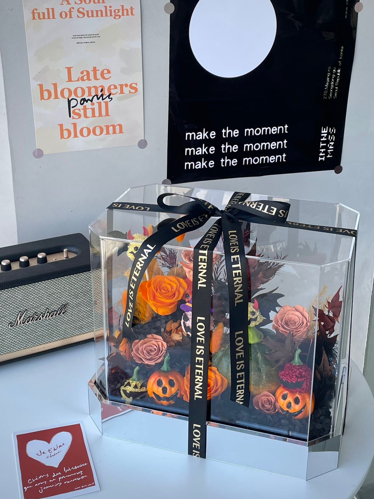 Halloween Preserved Flower Arrangement | Pumpkin & Bat Decorative Floral Box | Large Halloween Centerpiece