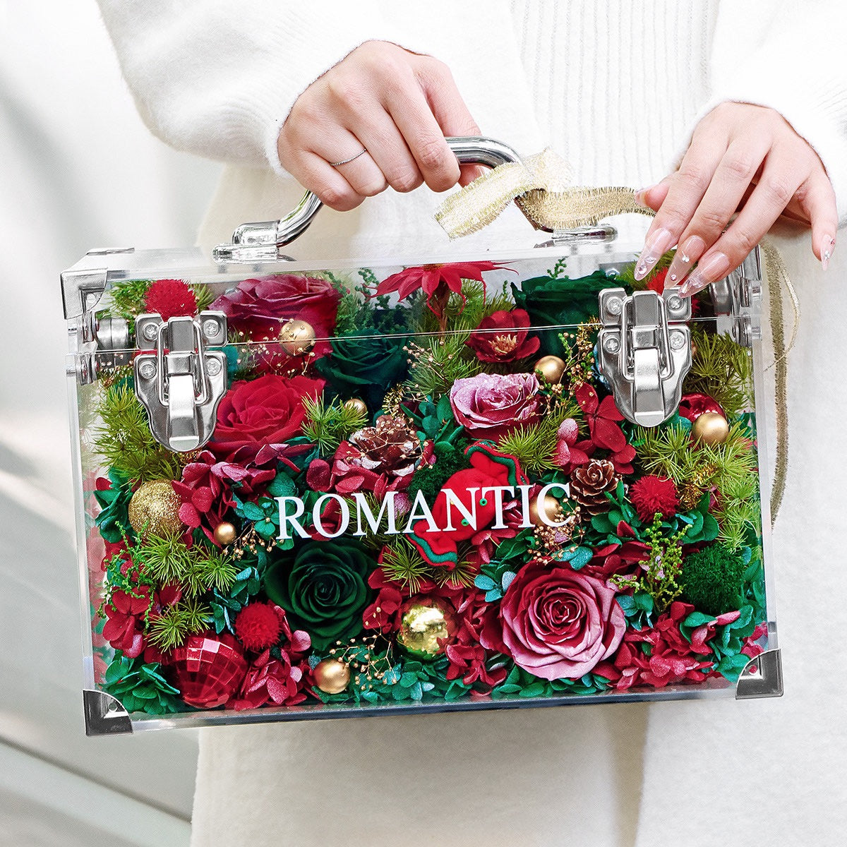 Christmas Preserved Flower Hand-Carry Box | LED Gift Box | Luxury Acrylic Floral Bag – Pink / Red-Green Holiday Edition
