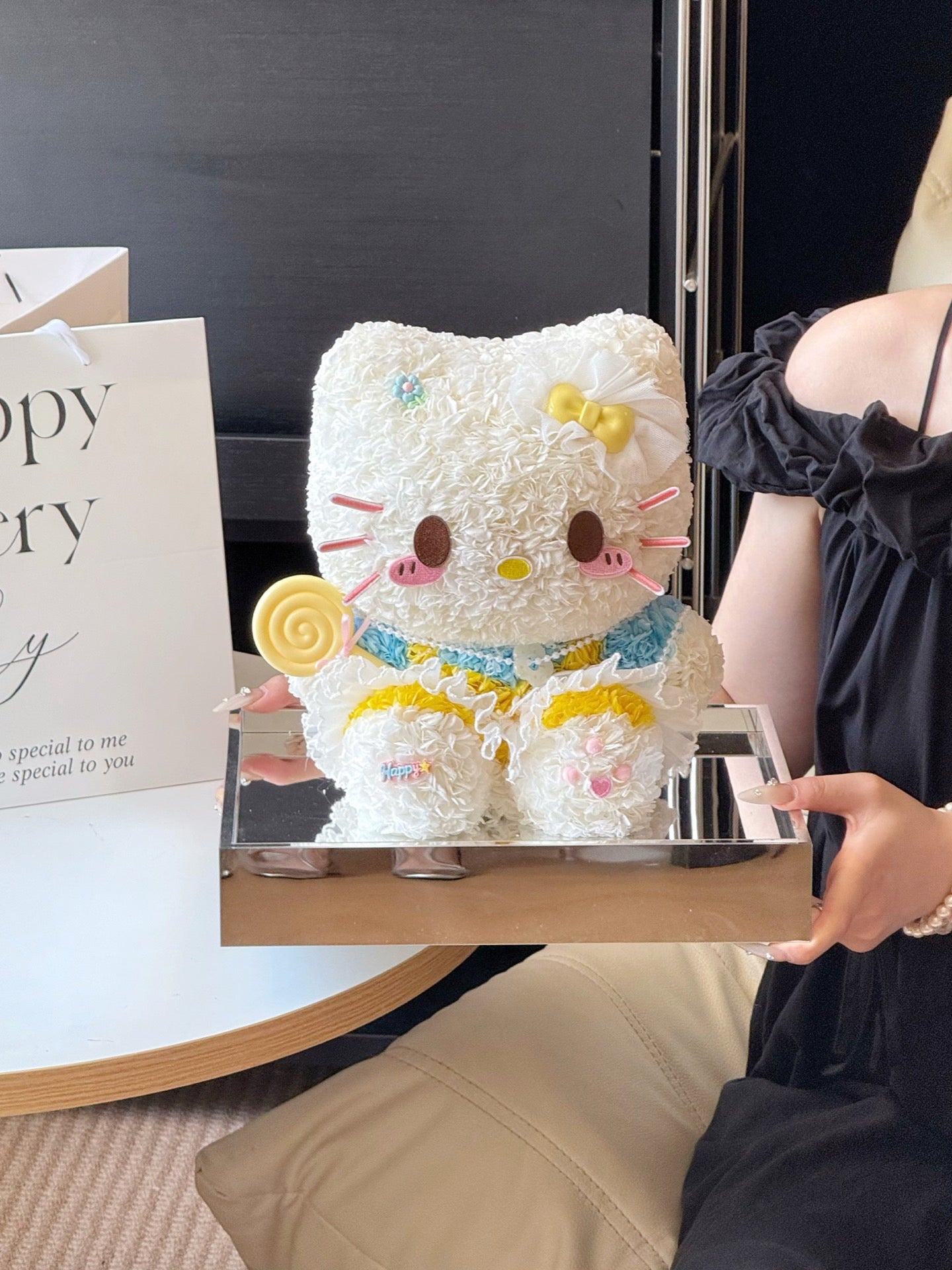Seated Blue Hello Kitty Preserved Flower Doll | Handmade Forever Flower Art