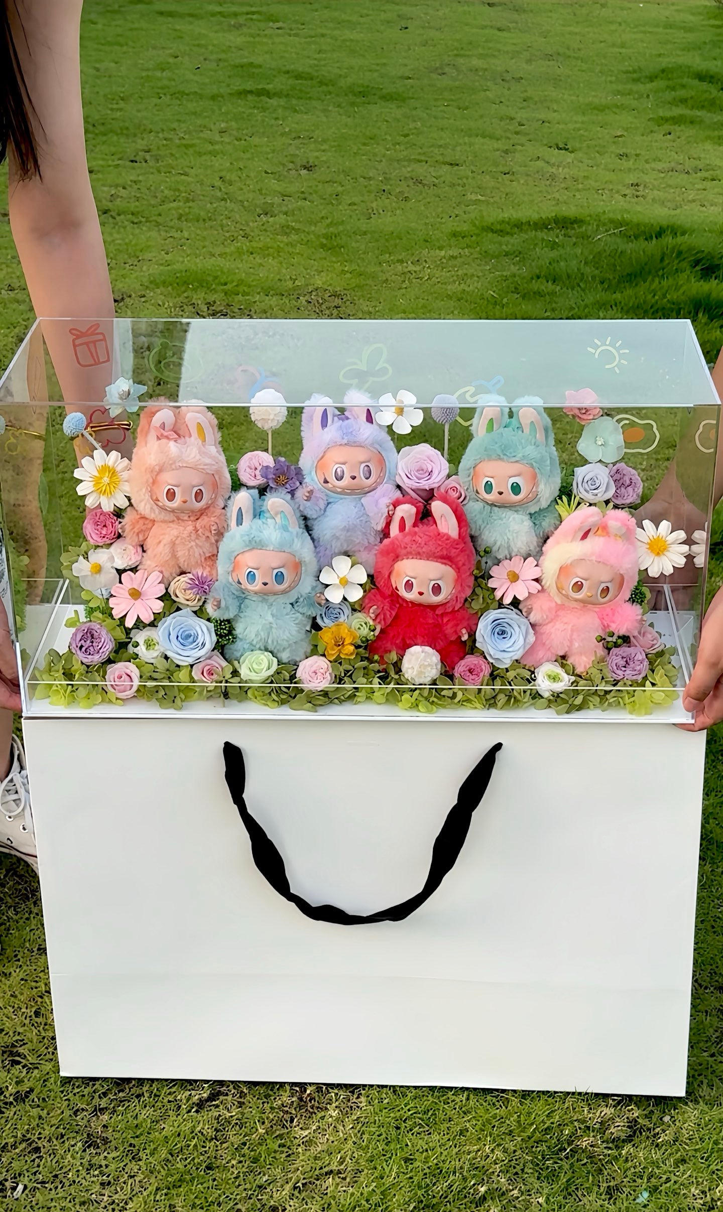 Labubu inspired - Extra Large Preserved Flower Garden with Dolls