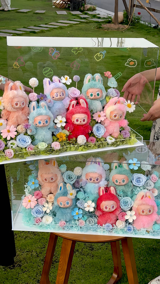 Labubu inspired - Extra Large Preserved Flower Garden with Dolls