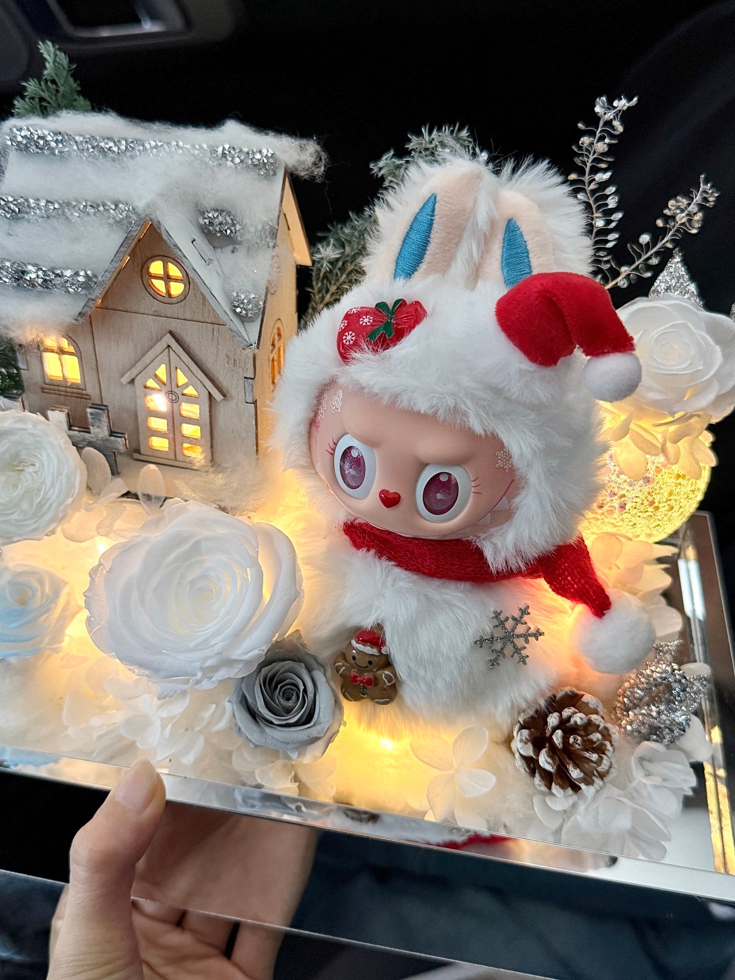 Handcrafted Christmas preserved flower box with LED snowy house & winter bunny. Perfect Xmas gift and festive home décor. Long-lasting preserved flowers.
