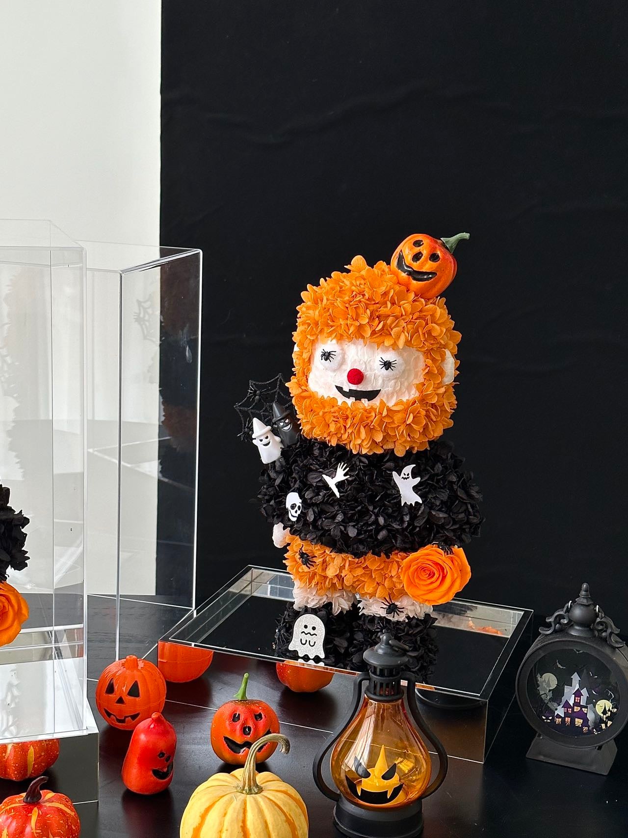Halloween Preserved Flower Arrangement | Pumpkin Egg Ghost Design | Large Spooky Display in Acrylic Box