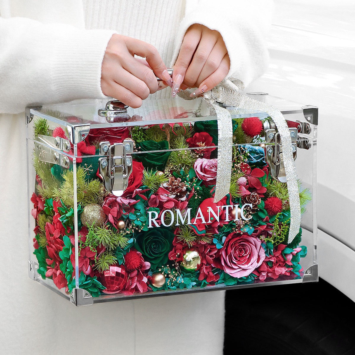 Christmas Preserved Flower Hand-Carry Box | LED Gift Box | Luxury Acrylic Floral Bag – Pink / Red-Green Holiday Edition