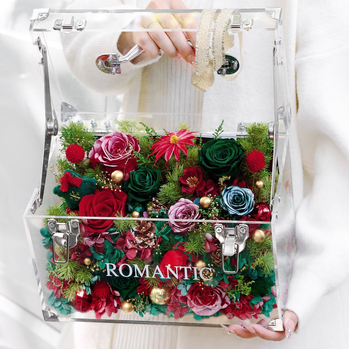 Christmas Preserved Flower Hand-Carry Box | LED Gift Box | Luxury Acrylic Floral Bag – Pink / Red-Green Holiday Edition