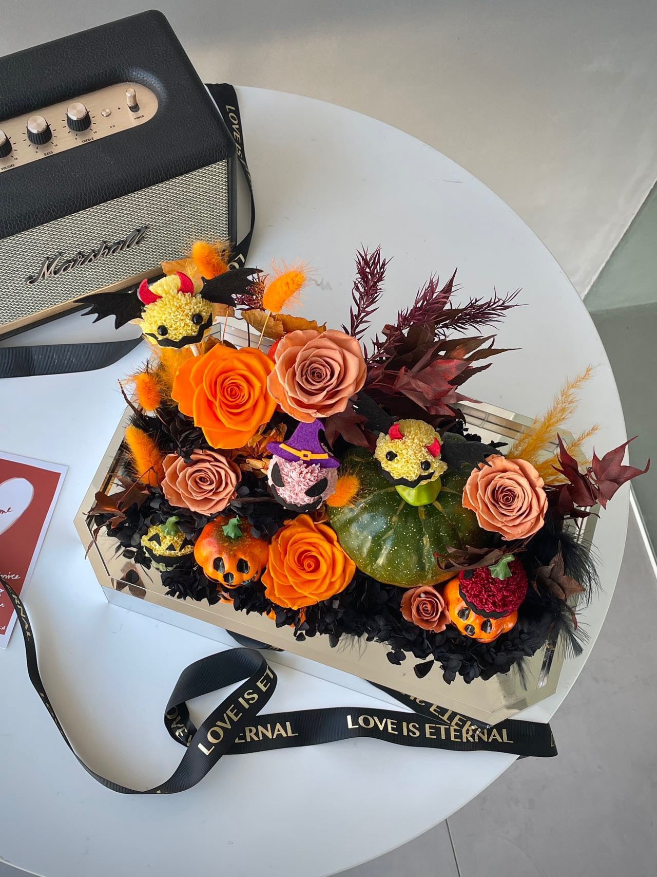 Halloween Preserved Flower Arrangement | Pumpkin & Bat Decorative Floral Box | Large Halloween Centerpiece