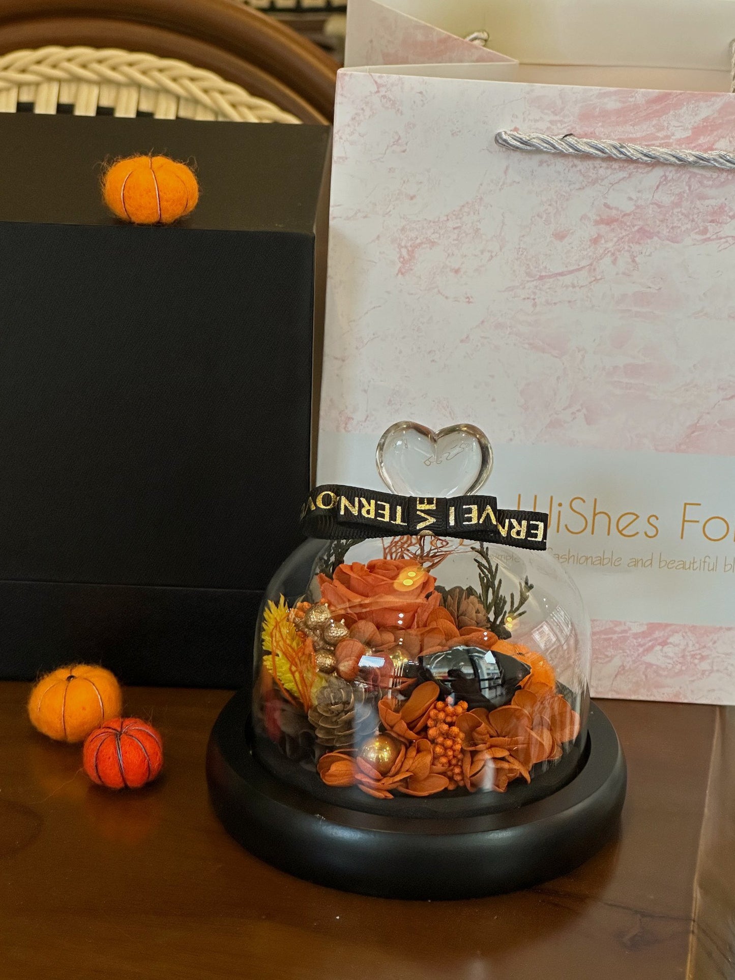 Halloween Preserved Flower Dome | Pumpkin-Themed Glass Cloche LED Night Light | Gift Box Included
