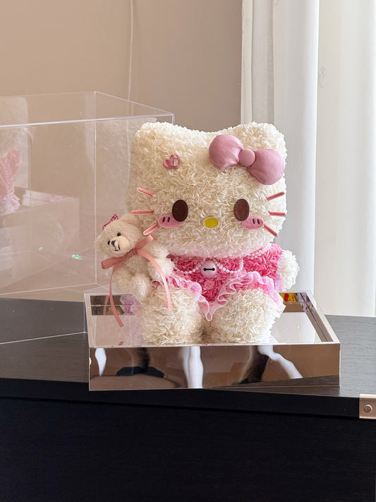 Seated Hello Kitty Inspired Preserved Flower Doll | Pink Forever Flower Handmade Gift