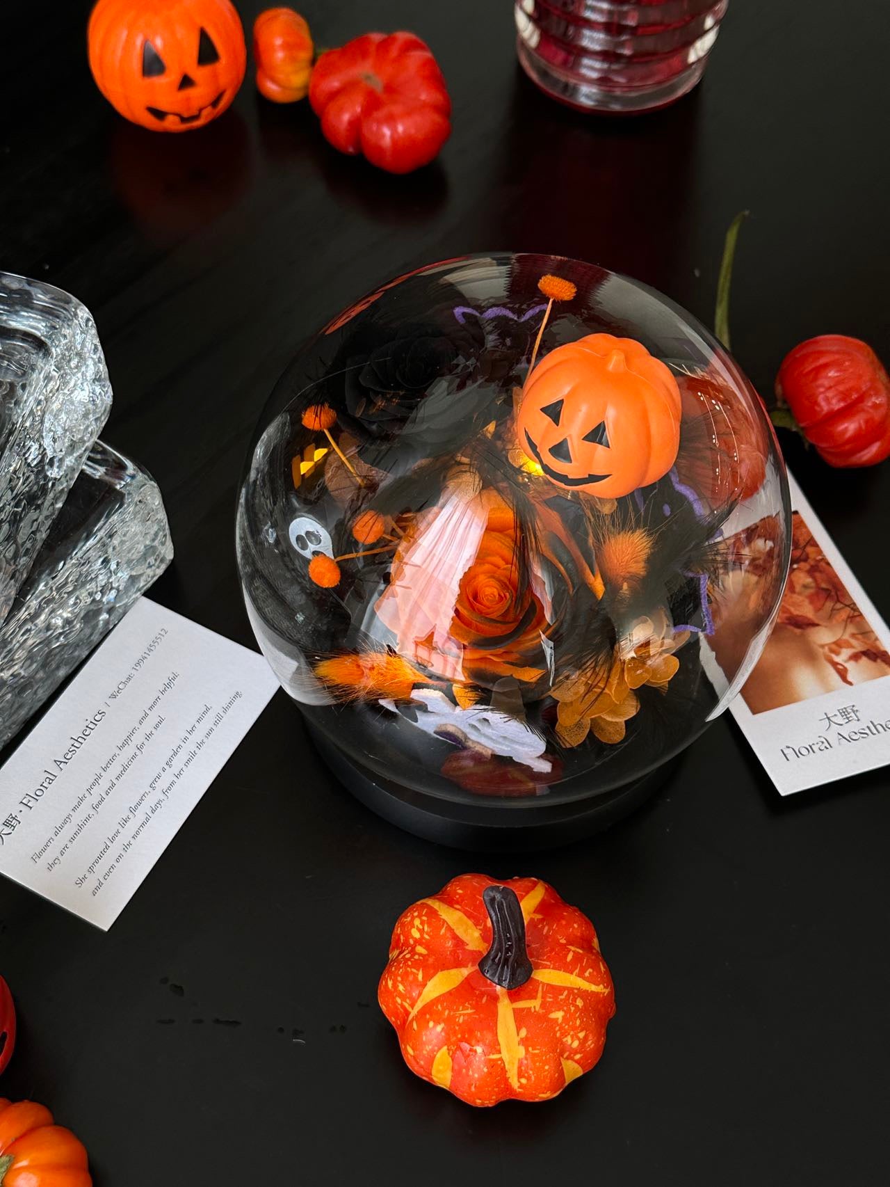 Halloween Preserved Flower Night Light Globe | Pumpkin & Ghost LED Decoration | Trick-or-Treat Gift