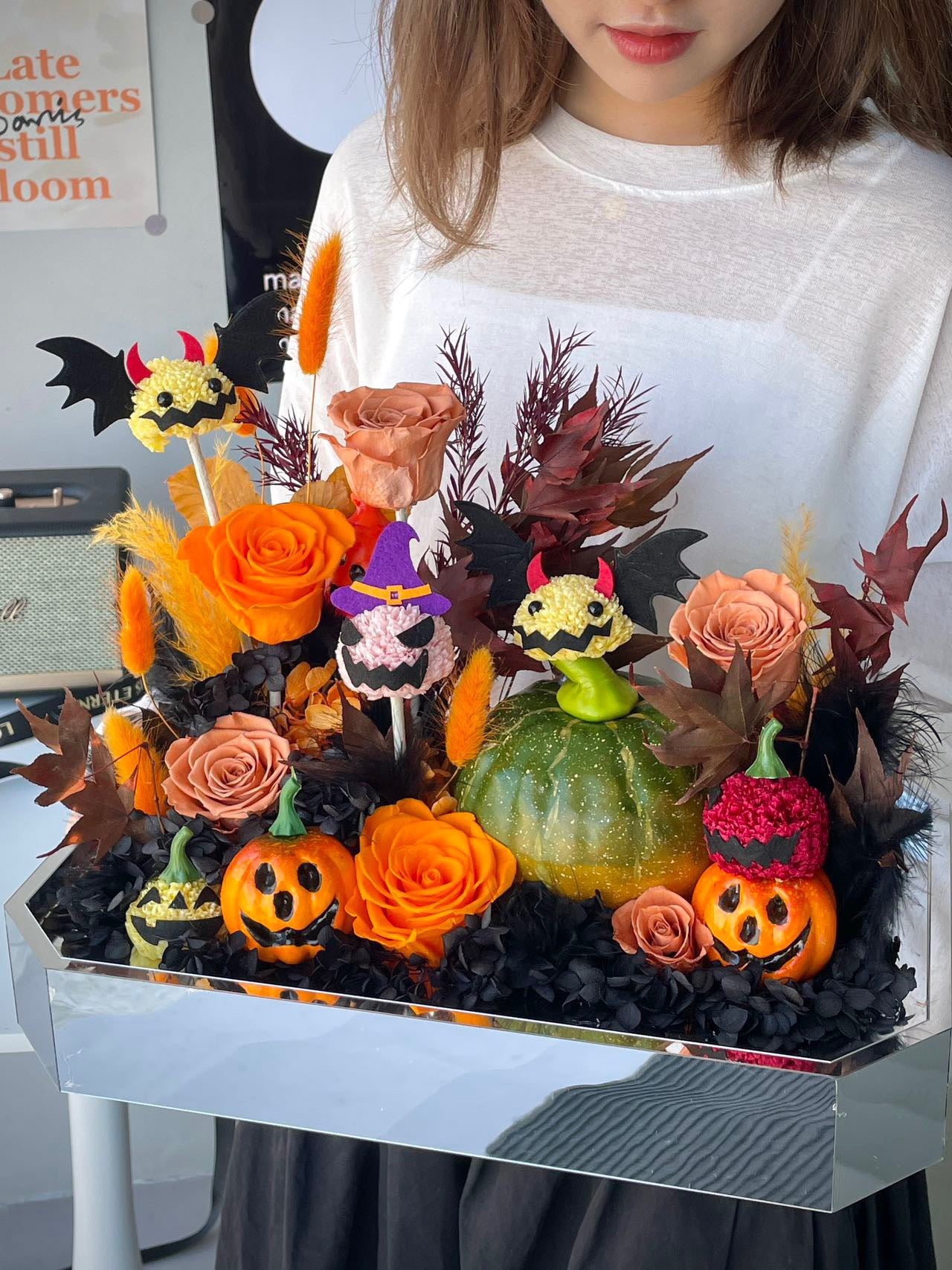 Halloween Preserved Flower Arrangement | Pumpkin & Bat Decorative Floral Box | Large Halloween Centerpiece