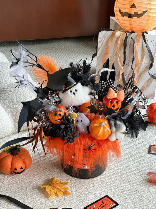 Halloween Pumpkin Hug Bucket | Plush & Preserved Flower Arrangement | Spooky Halloween Centerpiece